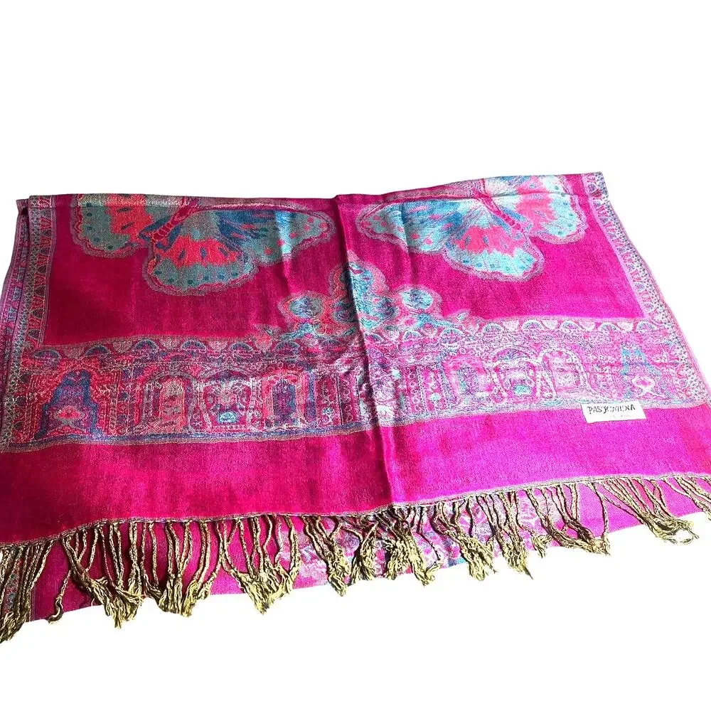 100 % Cashmere Pashmina Reversible Teal and Pink Butterflies and Medallion NWT